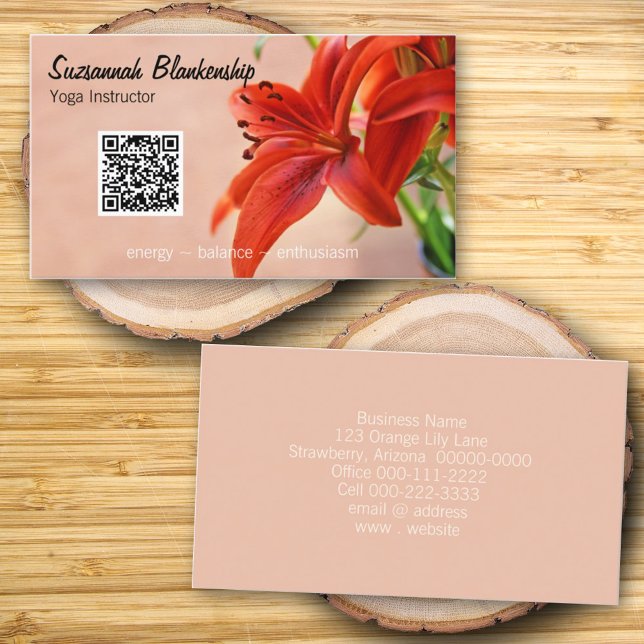 Carte De Visite Orange Lily Photo personnalisée QR Code Yoga Instr (front and back business card design)