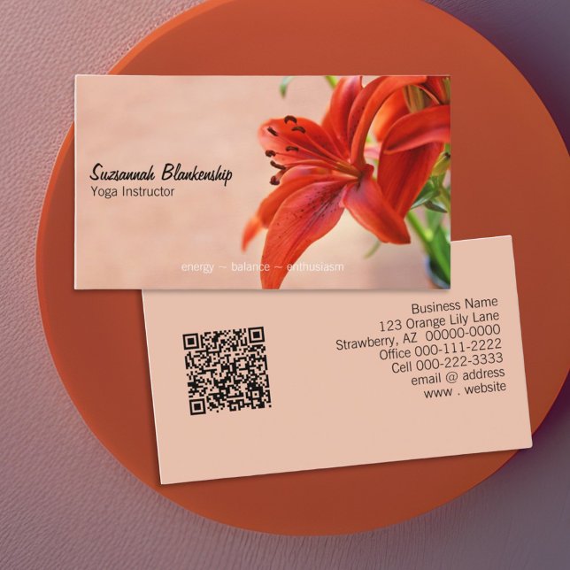Carte De Visite Orange Lily Photographie Yoga Instructor QR Code (business card front and back design)