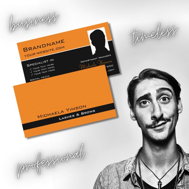 Carte De Visite Orange moderne et noir avec professionnel photo (Créateur téléchargé)