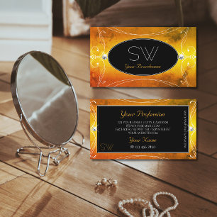 Carte De Visite Orange Noir Diamants Étincelants Orné Monogramme