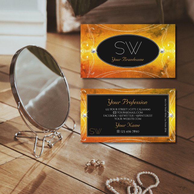 Carte De Visite Orange Noir Diamants Étincelants Orné Monogramme (Créateur téléchargé)
