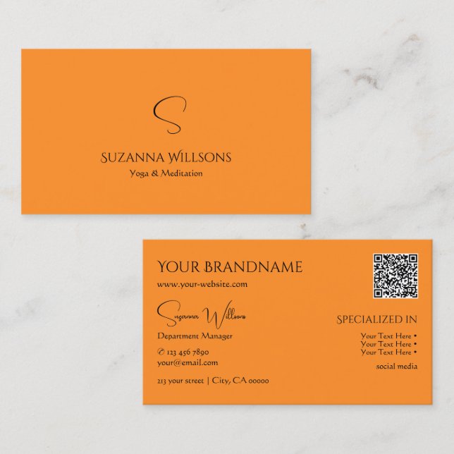 Carte De Visite Orange simple élégant avec monogramme et code QR (Devant / Derrière)