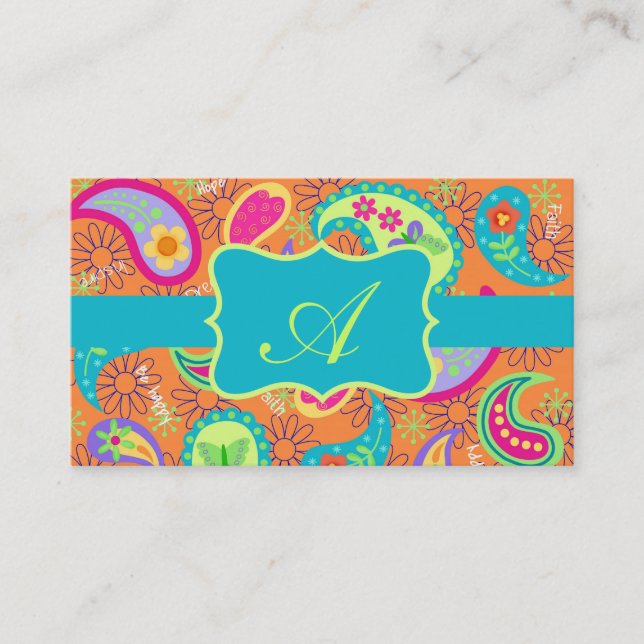 Carte De Visite Orange Turquoise Moderne Paisley Motif Monogramme (Devant)