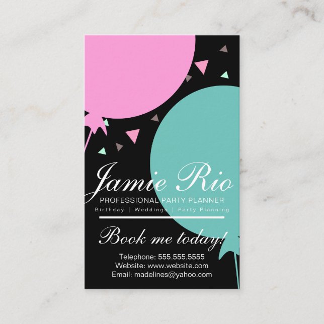 Carte De Visite Organisateur de fête planification d'anniversaire  (Devant)