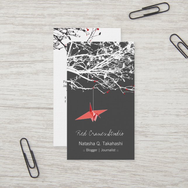 Carte De Visite Origami Japonais Grues Papier Rouge Silhouette Arb (Devant/Arrière en situation)