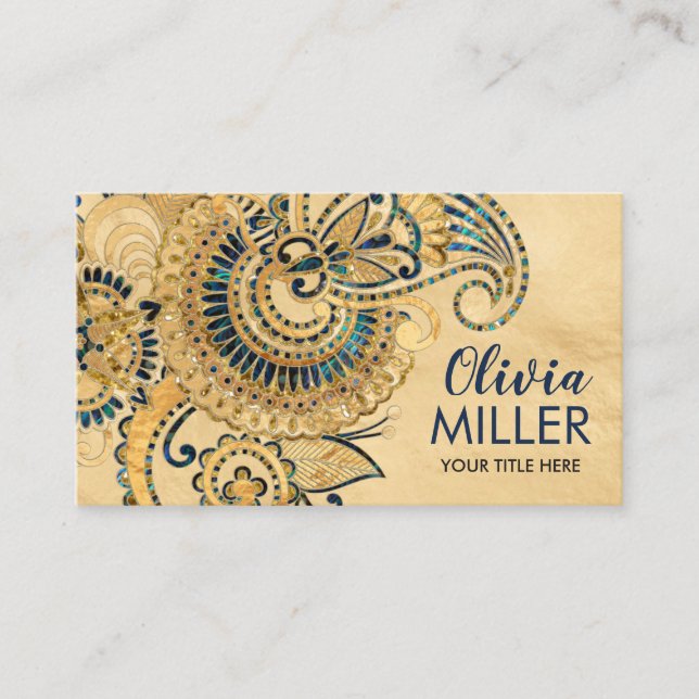 Carte De Visite Ornement floral Paisley Abalone et or (Devant)