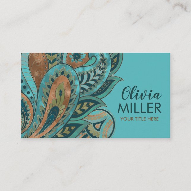 Carte De Visite Ornement Turquoise Green et Gold Paisley (Devant)
