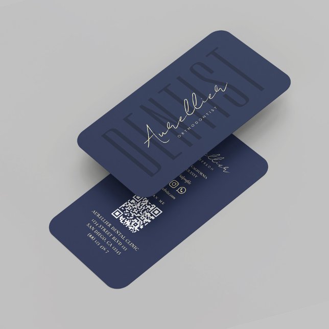 Carte De Visite Orthodontistes dentistes modernes Monogramme denta (Modern Dentist Orthodontists Dental Monogram Blue Gold Doctor Dental Surgery QR Business Card
)
