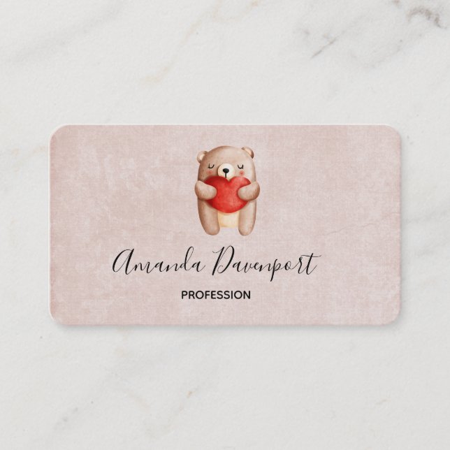 Carte De Visite Ours en peluche mignon portant un coeur rouge (Devant)