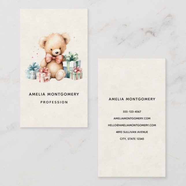 Carte De Visite Ours en peluche mignonne avec cadeaux de Noël (Devant / Derrière)