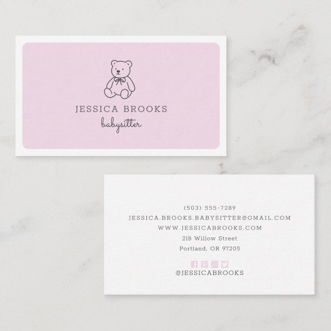 Carte De Visite ours en peluche, rose, baby-sitter, garderie pour  (Devant / Derrière)
