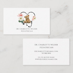 Carte De Visite Ours en peluche stéthoscope floral Pédiatre
