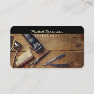 Carte De Visite Outils de barbier en bois rustique