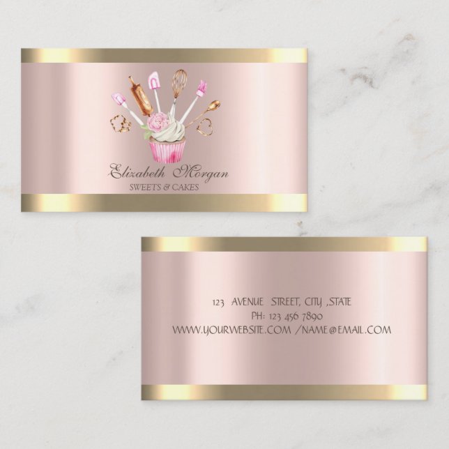 Carte De Visite Outils de boulangerie Fleur Cupcake Stripe Rose Or (Devant / Derrière)