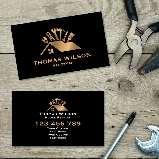 Carte De Visite Outils de menuiserie de construction professionnel (handyman logo, gold house roof with tools)