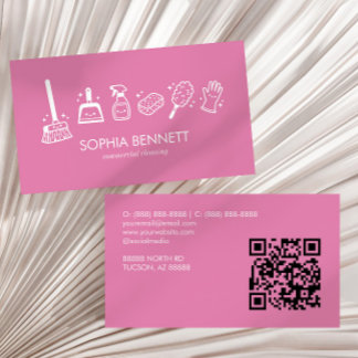 Carte De Visite Outils de nettoyage mignons rose Code QR personnal