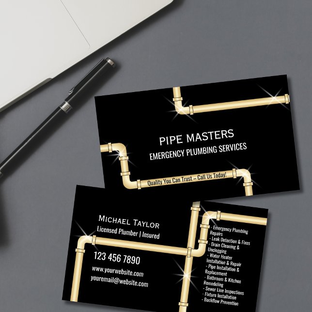 Carte De Visite Outils de plomberie pour tuyaux de plomberie pour  (plumbing pipes in gold color on the black background business cards)