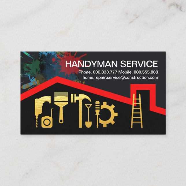 Carte De Visite Outils dorés de peinture de toit rouge (Devant)