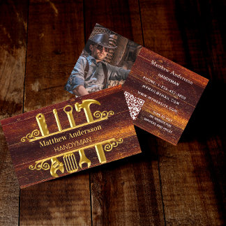 Carte De Visite Outils en or bois réparation maison photo code QR