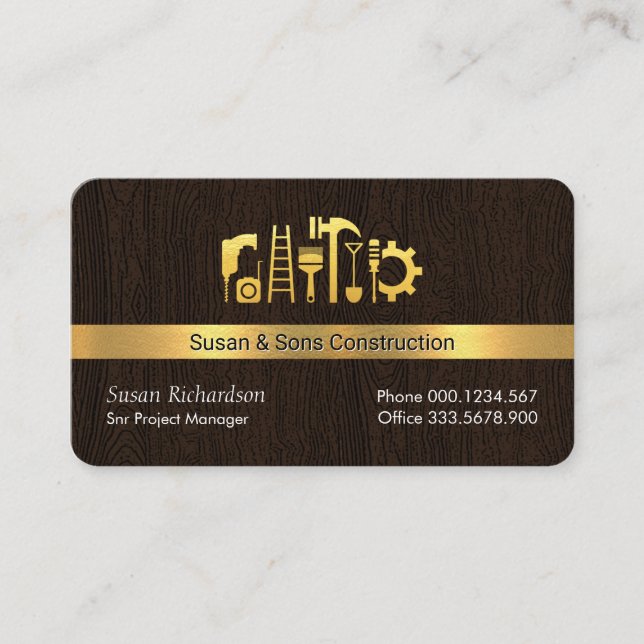 Carte De Visite Outils Gold Handyman sur couche de bois (Devant)