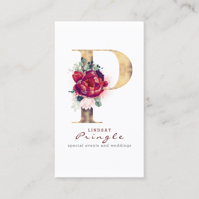 Carte De Visite P Monogramme Bourgogne Fleurs rouges et Parties sc (Devant)
