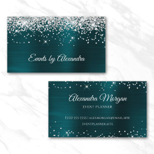 Carte De Visite Pailleté Argent Paillettes Turquoise Foncé Satin F