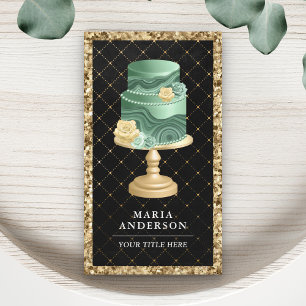 Carte De Visite Pailleté d'or noir vert menthe floral gâteau boula