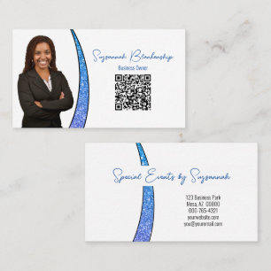 Carte De Visite Paillette de Faux Reflet Bleu Photo QR Professionn