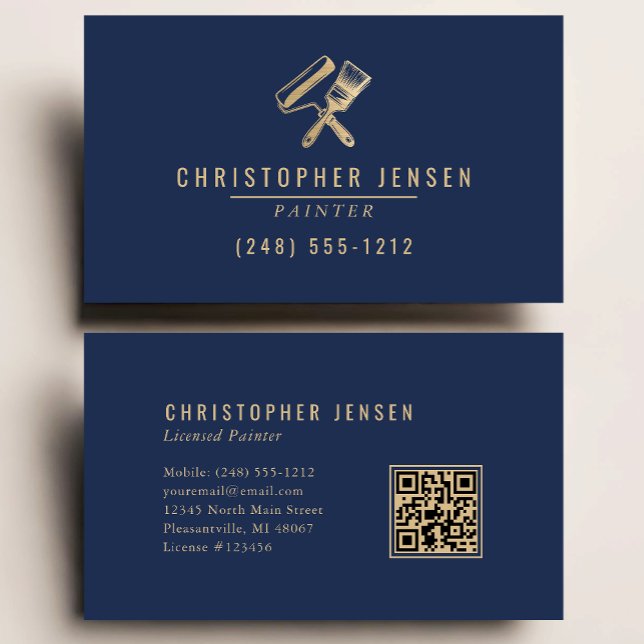 Carte De Visite Painter QR Code Painting Business Navy Blue Gold (Créateur téléchargé)