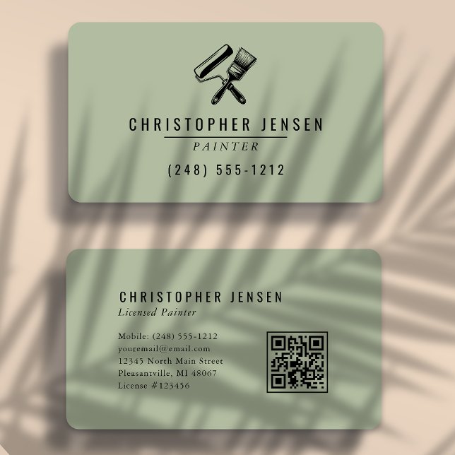 Carte De Visite Painter QR Code Sage Green Black Rounded Painting (Créateur téléchargé)