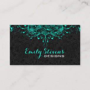 Carte De Visite Paisley noire et dentelle florale Turquoise-verte 