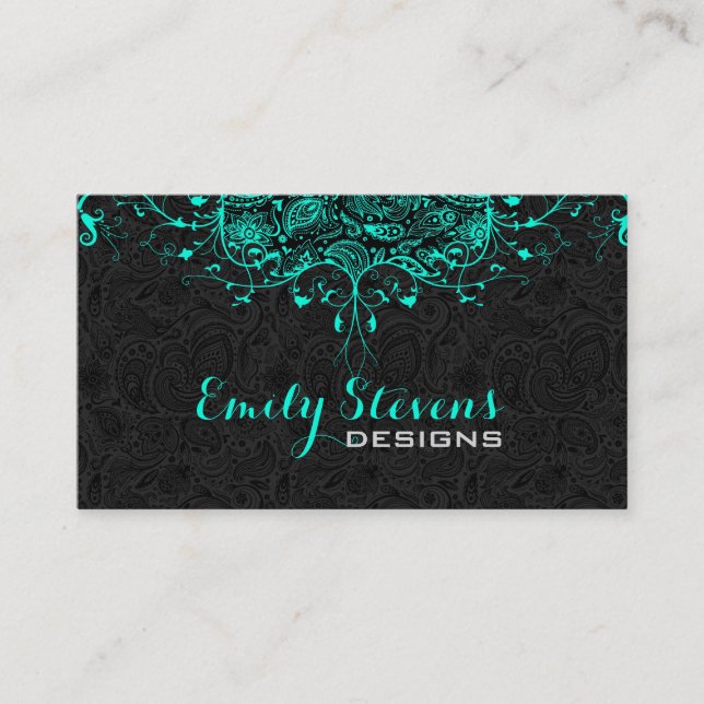 Carte De Visite Paisley noire et dentelle florale Turquoise-verte  (Devant)