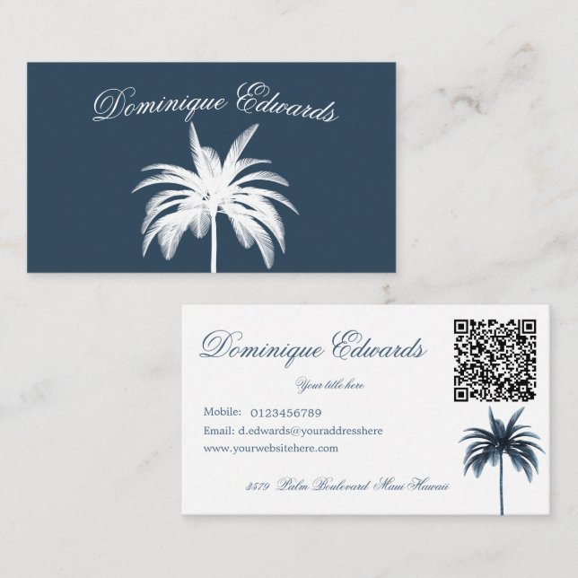 Carte De Visite Palmier Tropical Style Bleu Blanc QR Business (Devant / Derrière)