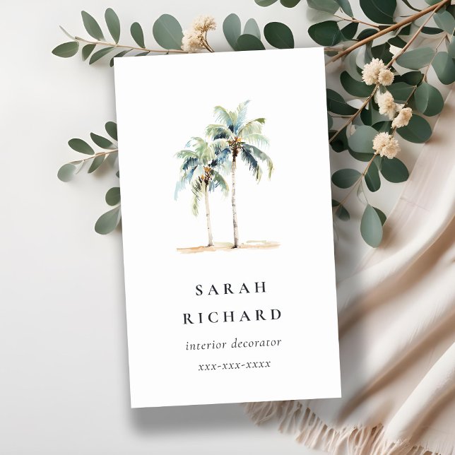 Carte De Visite Palmiers côtiers tropicaux Aquarelle Bleu Vert (Créateur téléchargé)