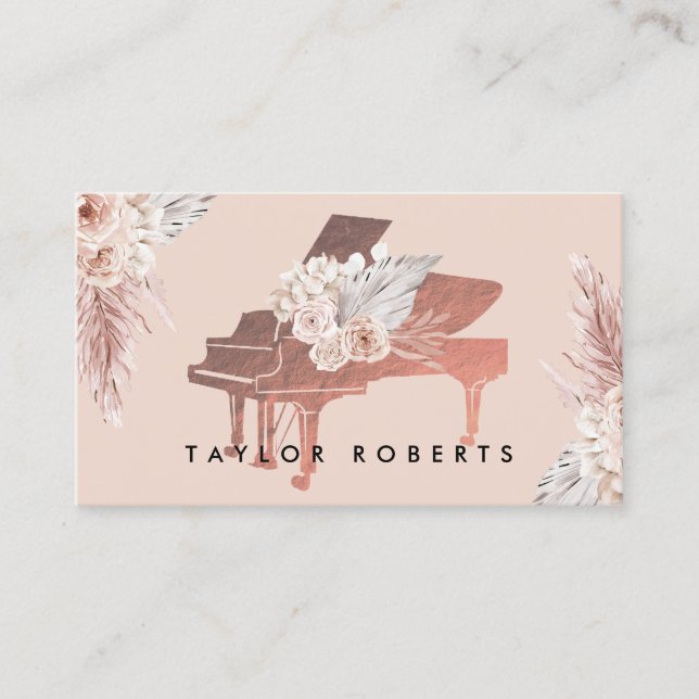 Carte De Visite pampas beige herbe boho fleurs pianiste (Devant)