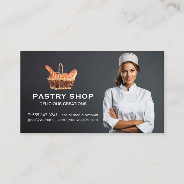 Carte De Visite Panier de baguettes | Chef femme souriante (Devant)