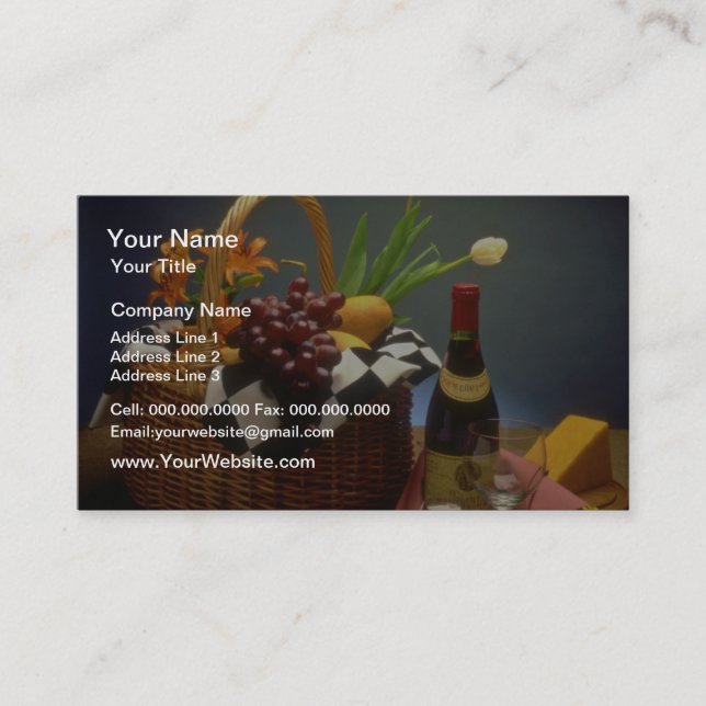 Carte De Visite Panier de pique-nique jaune avec vin, fromage, pai (Devant)