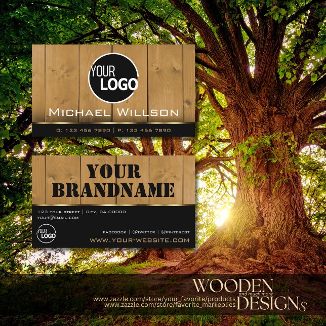 Carte De Visite Panneaux en bois Noir et Brown Grain Regarder logo (Créateur téléchargé)