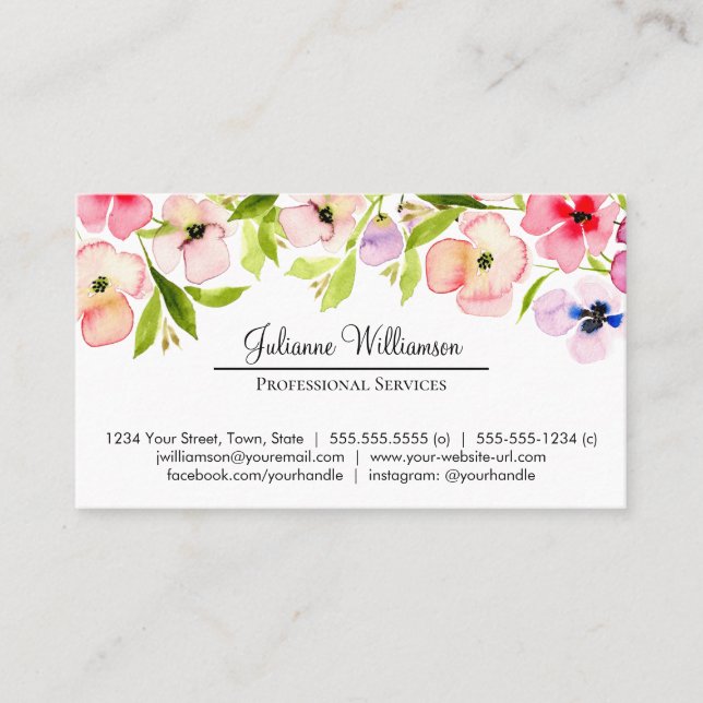 Carte De Visite Pansies d'aquarelle Simple Personnelle Professionn (Devant)