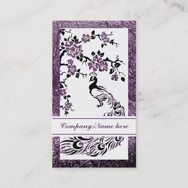 Carte De Visite Paon noir, violet et fleurs de cerisiers (Devant)