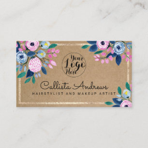 Carte De Visite Papier Kraft bleu rose Floral or Aquarelle