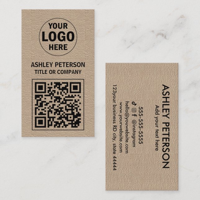 Carte De Visite Papier Kraft QR Code | Logo personnalisé des média (Devant / Derrière)