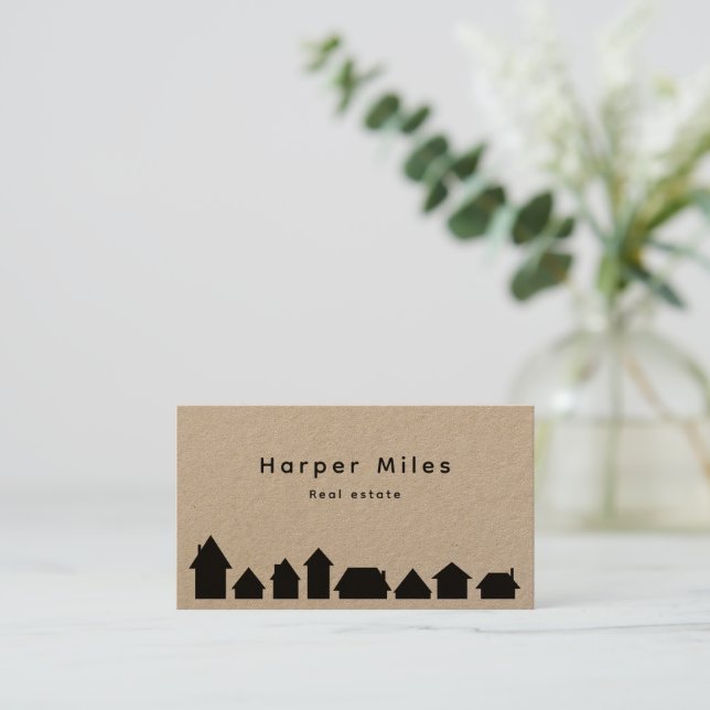 Carte De Visite Papier kraft rustique maisons silhouette immobilie (Debout devant)