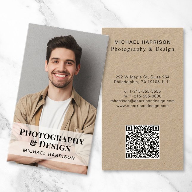Carte De Visite Papier photo Kraft Code QR professionnel (Make connections and leave a lasting impression with our modern QR code and photo business card)
