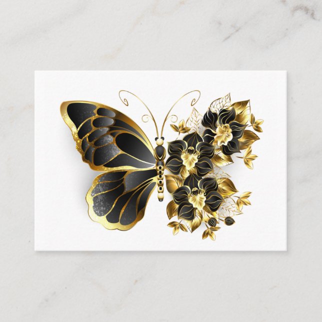Carte De Visite Papillon à fleurs d'or avec orchidée noire (Devant)