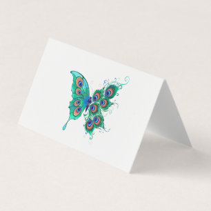 Carte De Visite Papillon aux plumes de paon vert