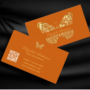 Carte De Visite Papillon brûlé orange or QR code élégant