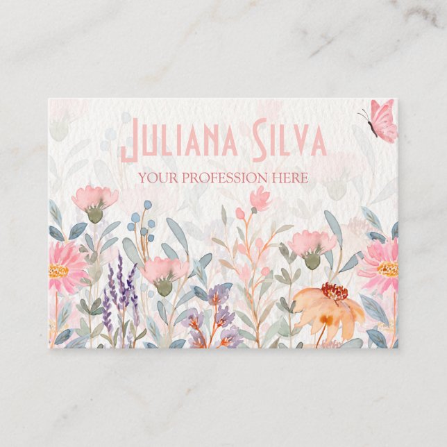 Carte De Visite Papillon floral rose et vert avec QR (Devant)