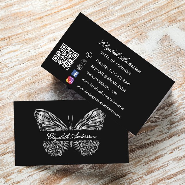 Carte De Visite Papillon noir argent QR code élégant script (Créateur téléchargé)