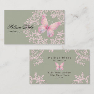 Carte De Visite papillon rose sur arrière - plan vert sage